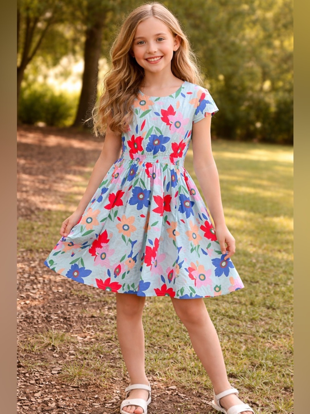 Crewcuts Floral Cotton Twirl Dress - Light Blue with Red & Pink Flowersw